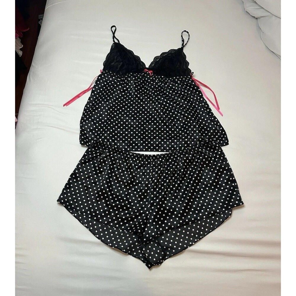 VTG Y2K APT 9 Polka Dot Black White Pink Pajama Set 2 Pc Tank Shorts L Women PJ